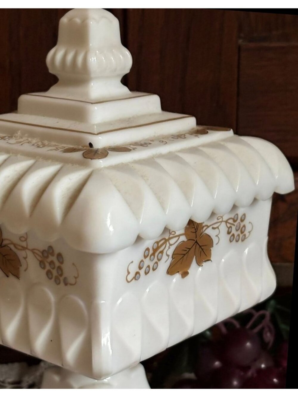 Vintage Westmoreland Milk Glass Covered Candy Dish | Gold Grape Pedestal Compote - Picture 2 of 9
